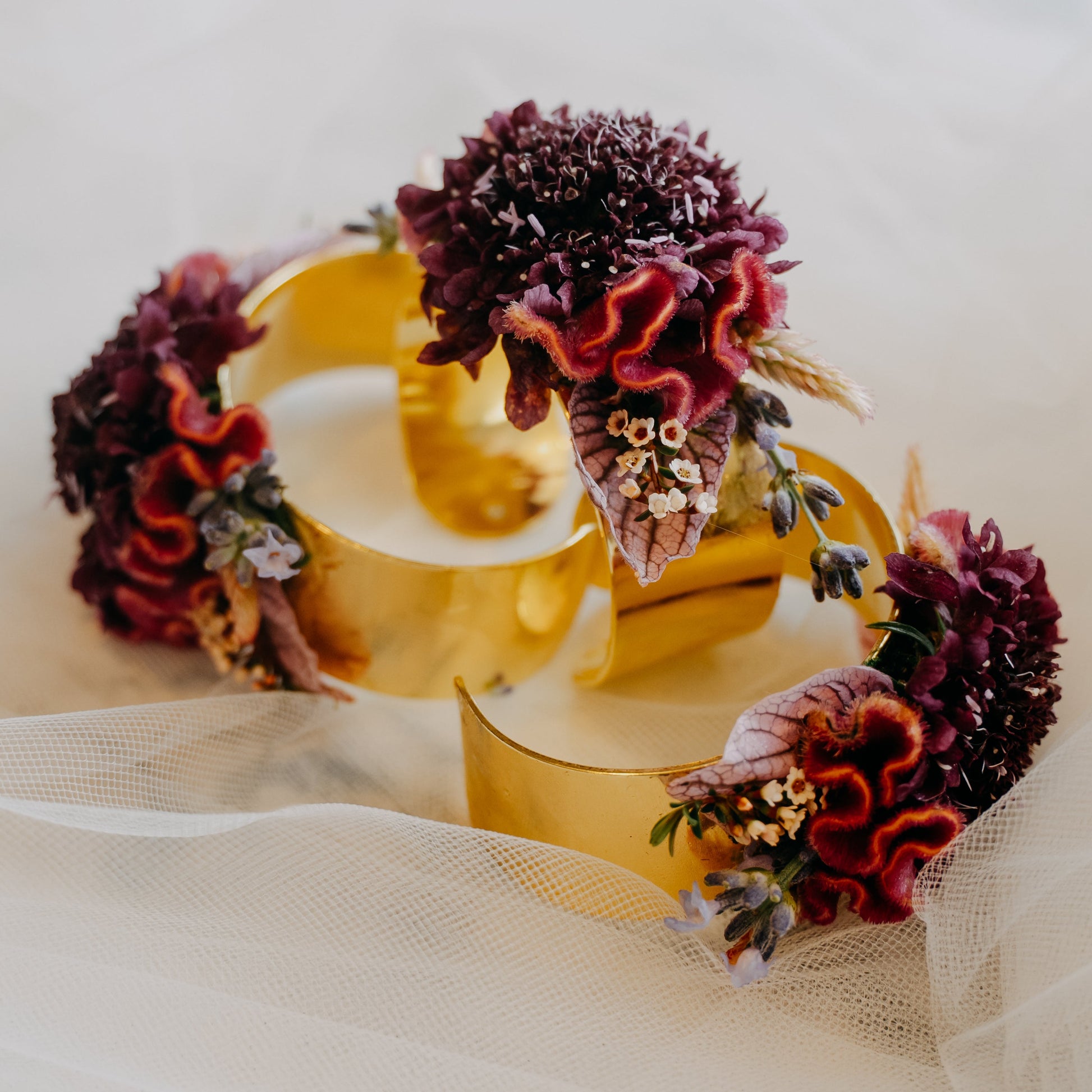 Gold Textural Cuff Corsages with Burgundy flowers