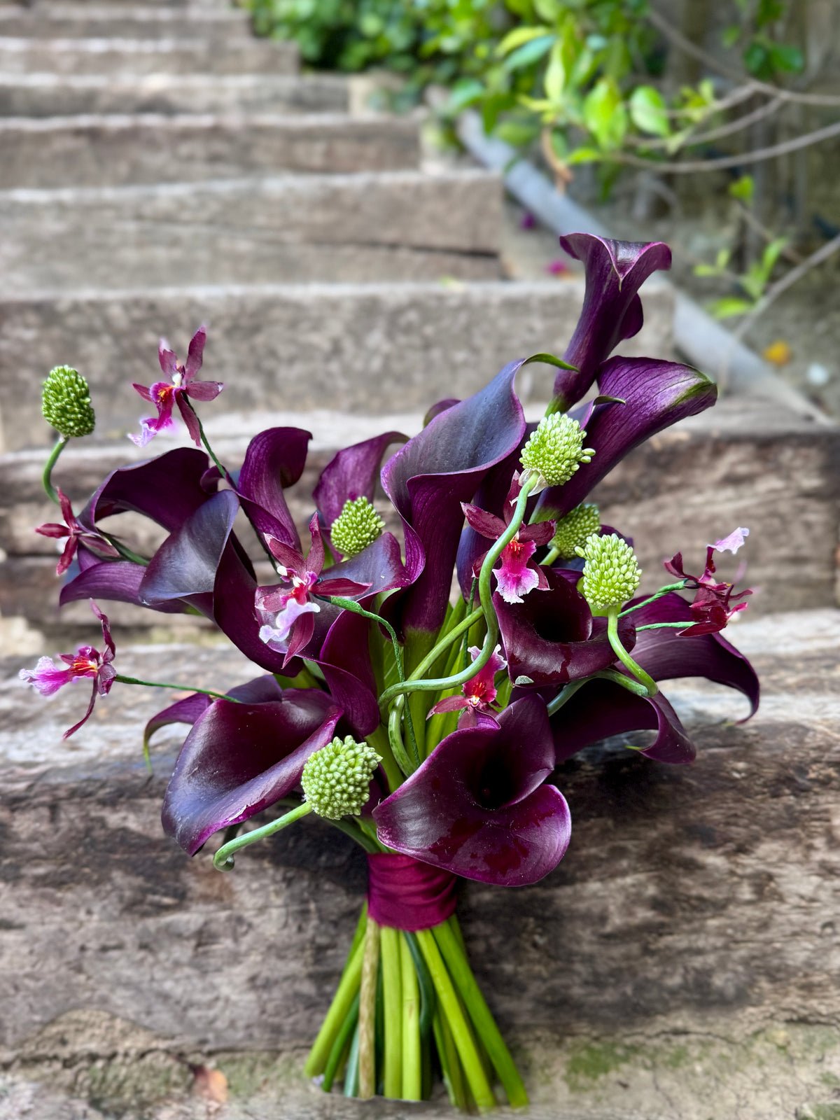A moody bridal bouquet of dark burgundy calla lilies and exotic orchids with green snake allium blooms, tied with a matching burgundy ribbon.