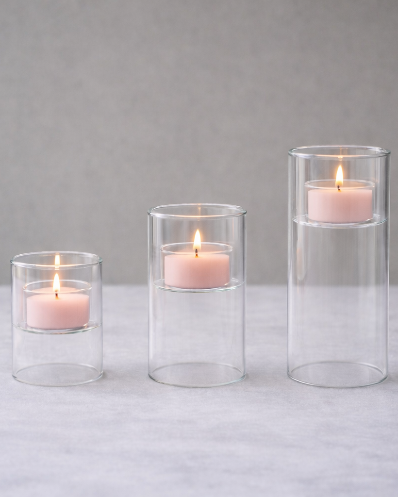 3 tiered modern glass votives with blush tealights