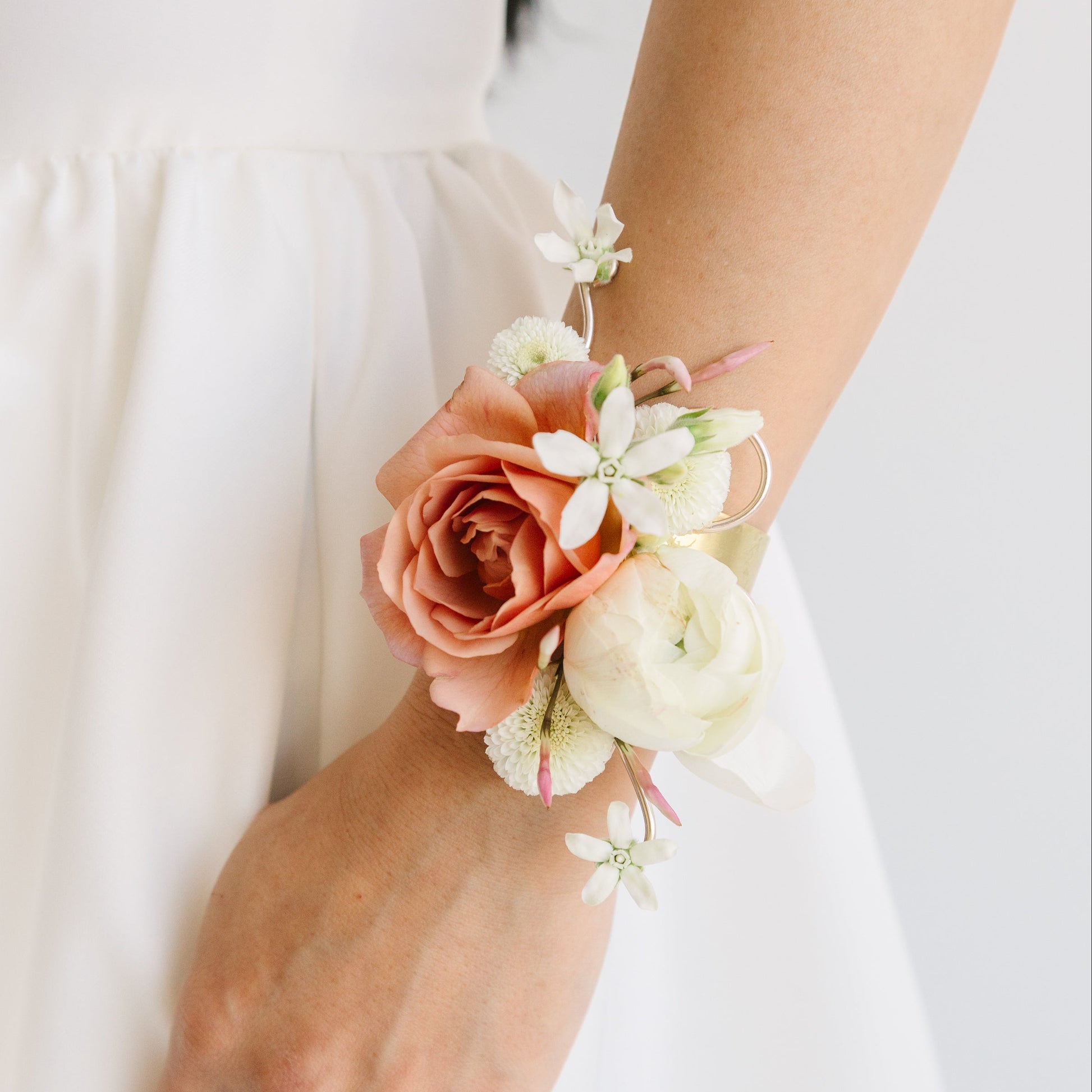 Wrist corsage cuff wristlet with antique pink and white flowers