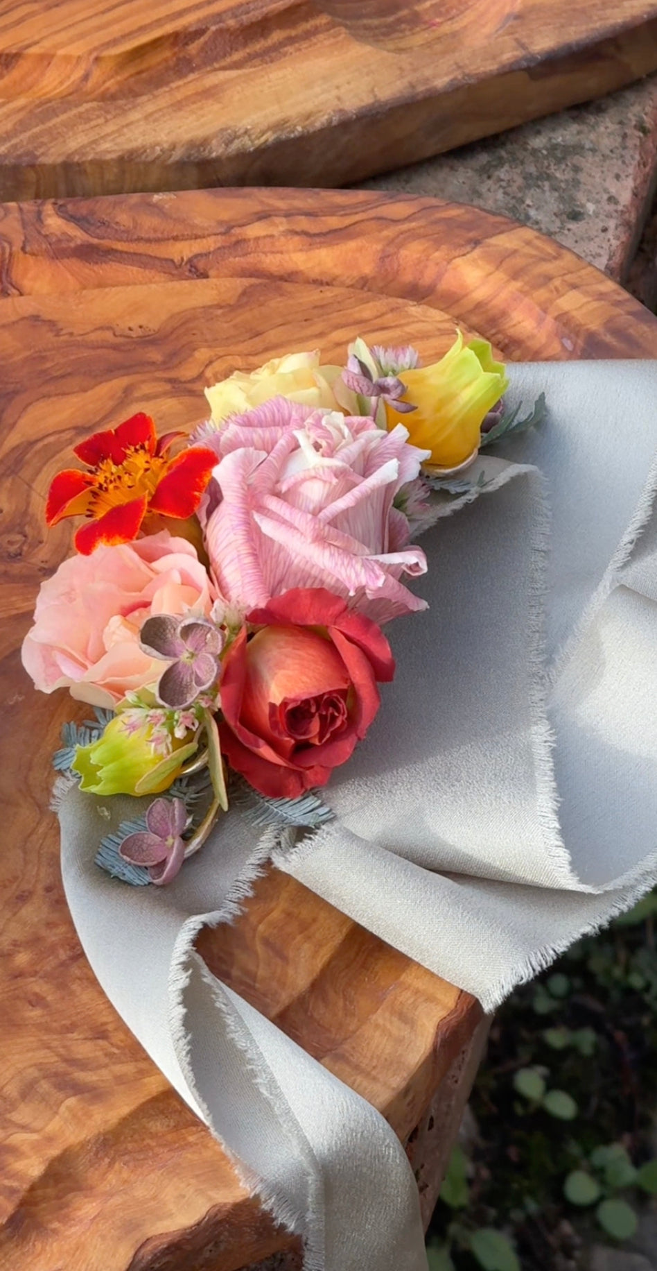 Soft Fall colored flowers on a beautiful sage ribbon, wrist corsage