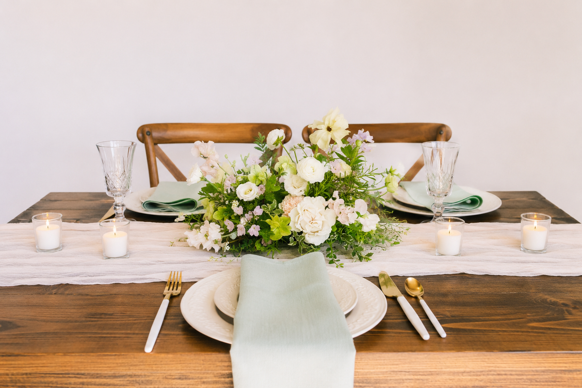 A styled wedding table setting with a rustic wooden table, a white linen runner, a central floral arrangement of white and green flowers, plates, folded sage green napkins, gold cutlery, and small lit candles.