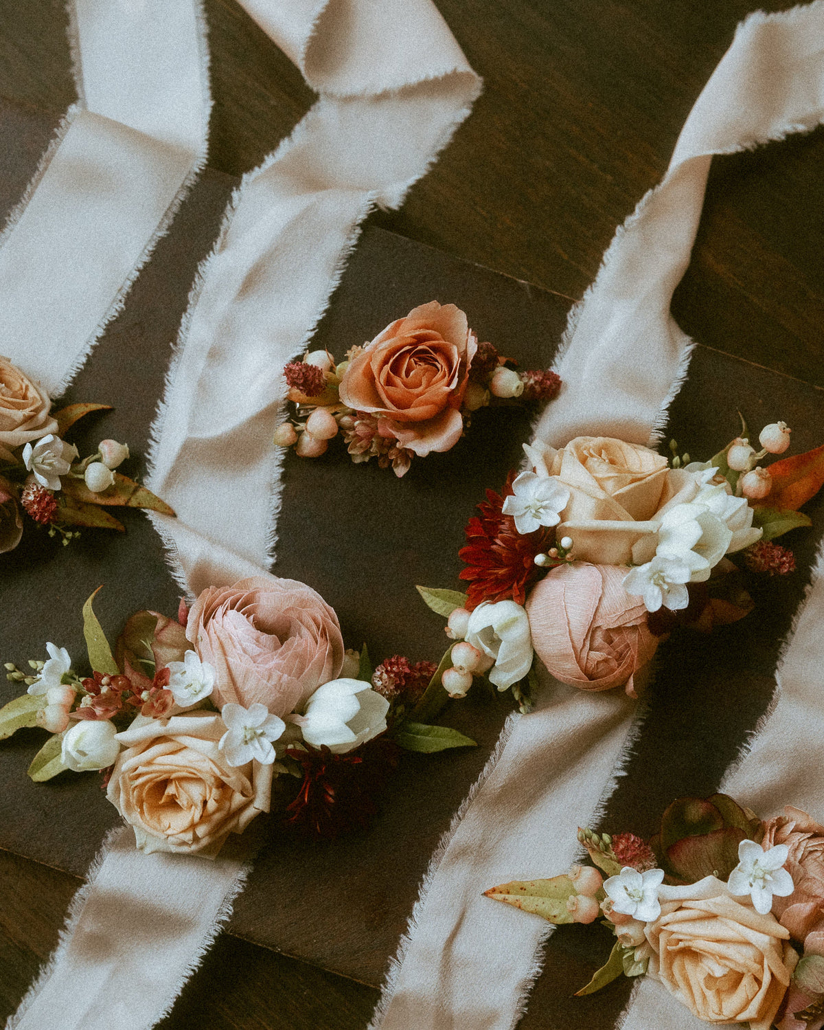 Moody fall tonied ribbon corsages
