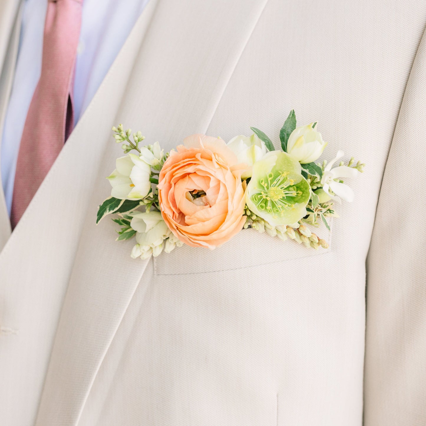 Peach Ranunculus Pocket Square boutonniere