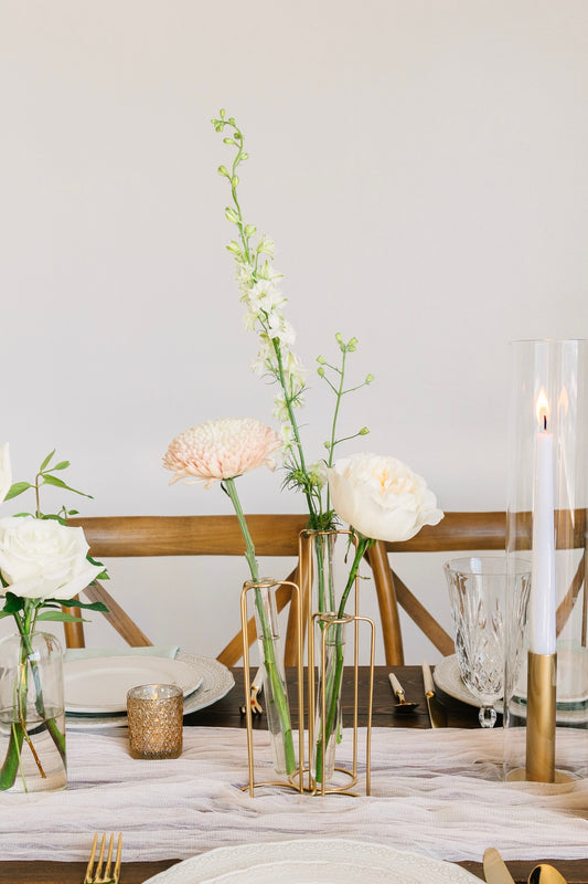 Staggered stem trio with white and blush flowers