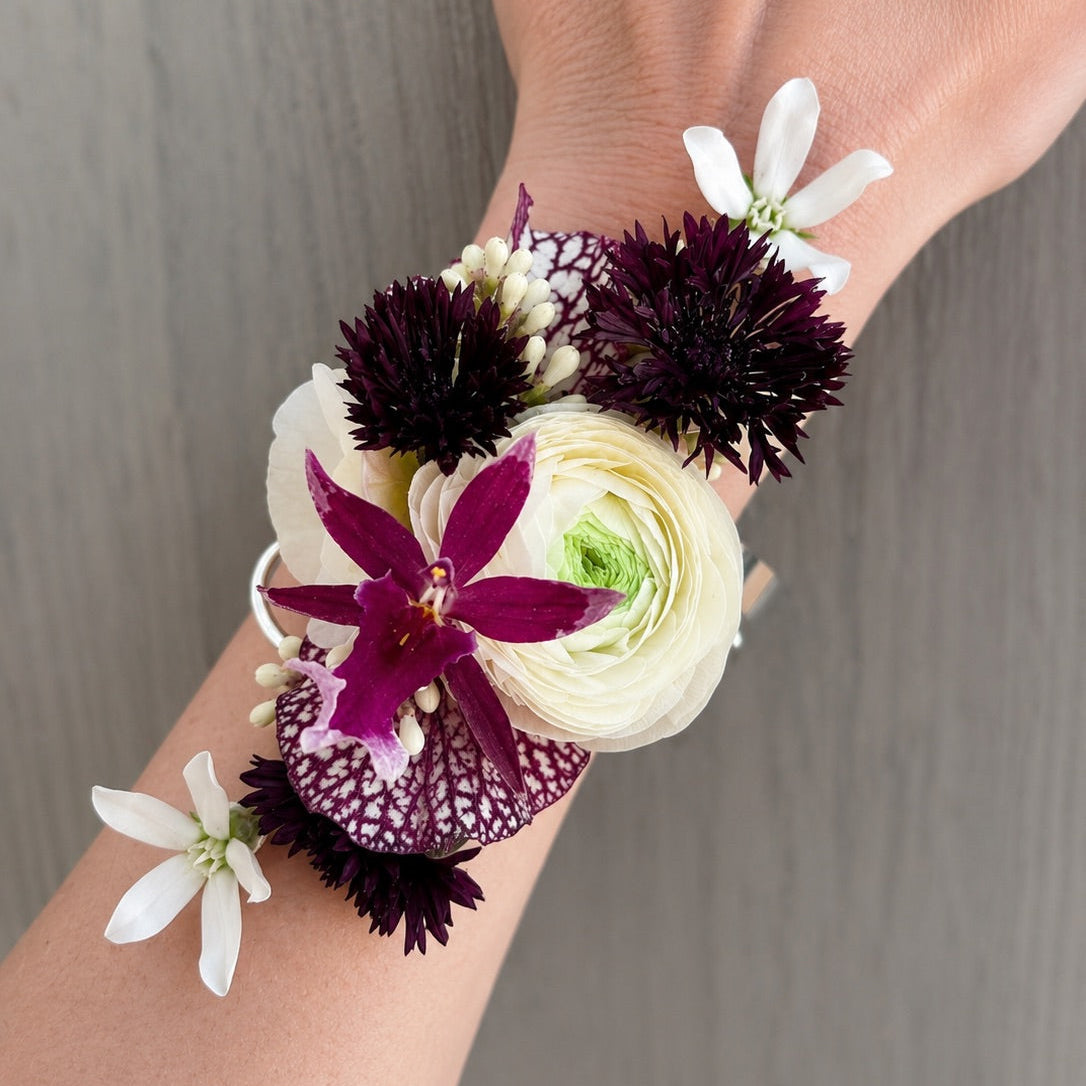 White and Burgundy Prom Wrist Corsage
