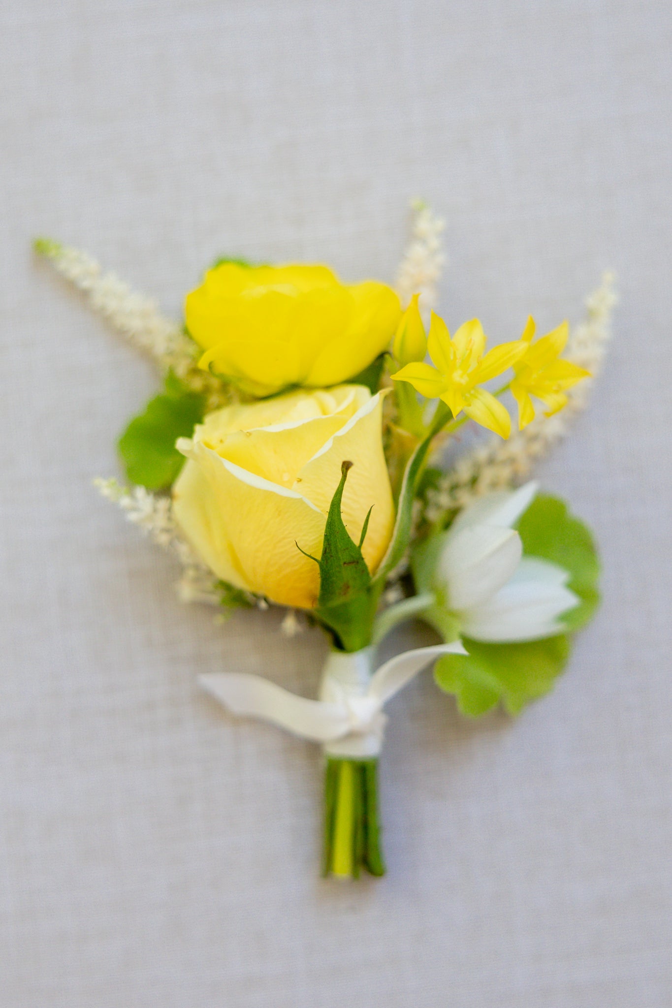 Yellow rose boutonniere on a light gray background